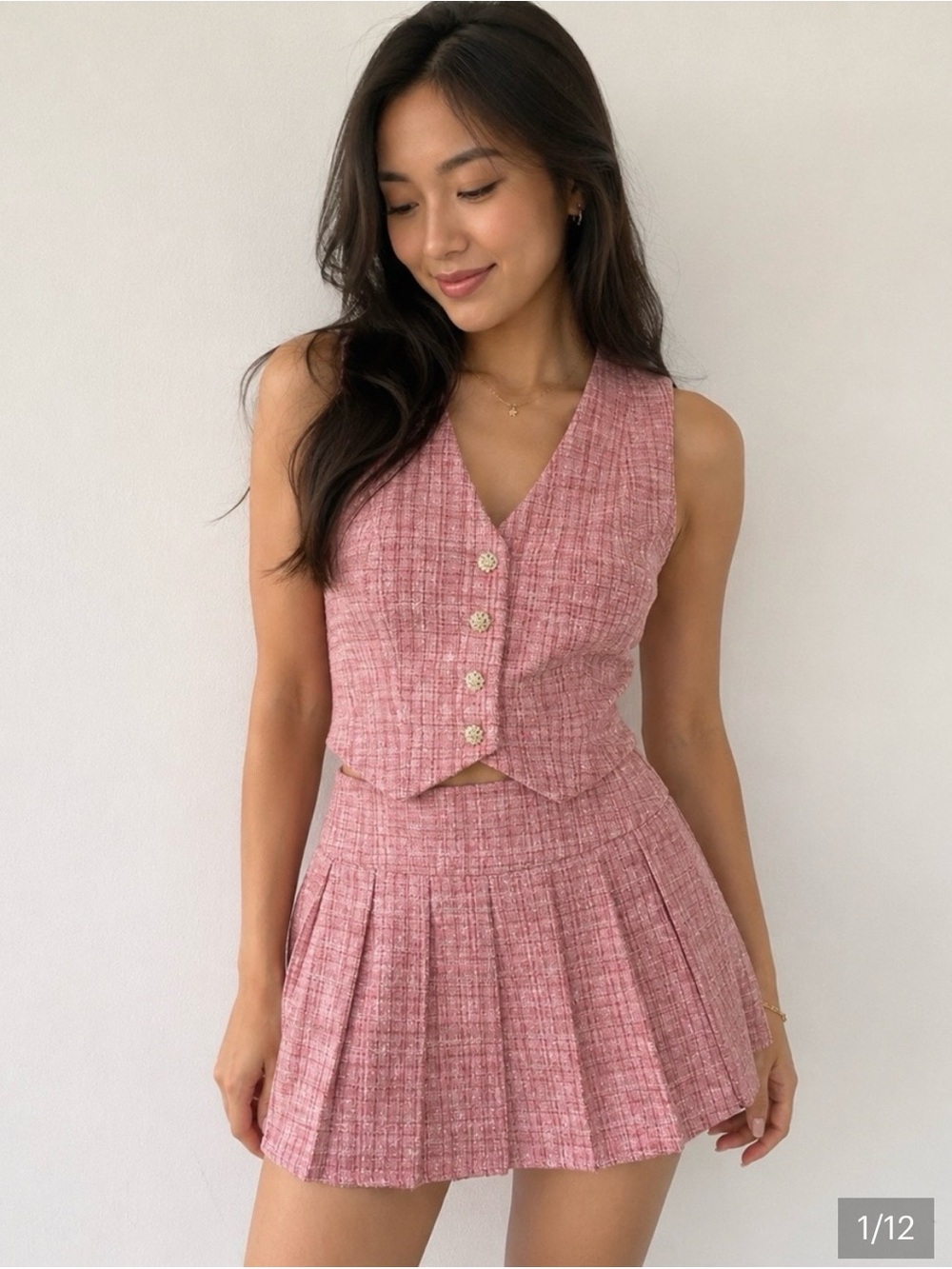 Women's Pink Tweed 2-Piece Vest & Pleated Skirt Set